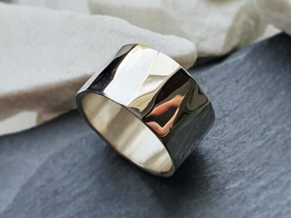 Top view of Prism ring Overhead view of wide silver prism ring