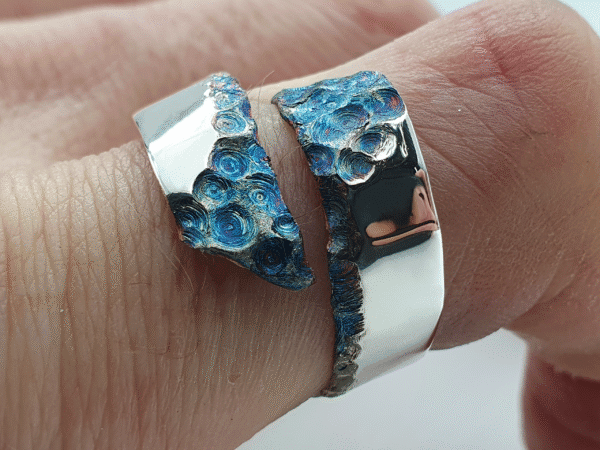 Celestia Ring, Modern Silver Inspired by Van Gogh with Oxidised Swirl Texture Celestia Ring, modern silver inspired by Van Gogh with oxidised swirl texture