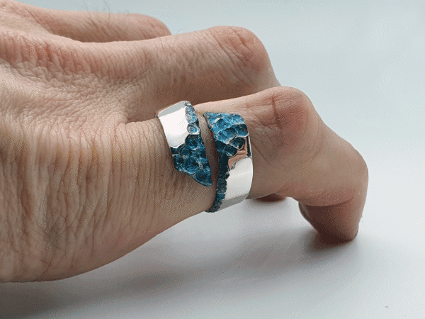 Celestia Ring, Side View Showing Polished Silver with Oxidised Swirl Texture Celestia Ring, side view showing polished silver with oxidised swirl texture