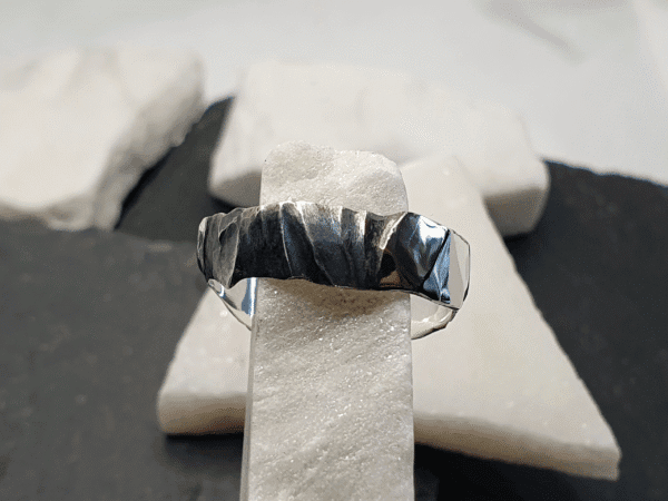 Maelstrom Ring – Oxidised Silver with Rugged Grey Texture and Shine minimalist oxidised ring with rugged grey detail and shine