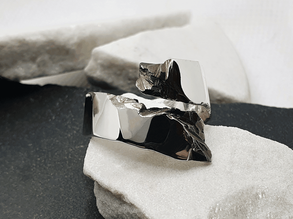 Shear ring – oxidised sterling silver with fractured texture and shiny contrast
