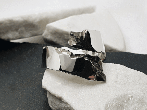 freyja-1 Shear ring – oxidised sterling silver with fractured texture and shiny contrast