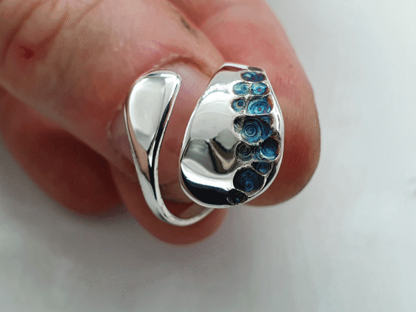 petalia-3 Handmade blue and violet swirl pattern on open silver band